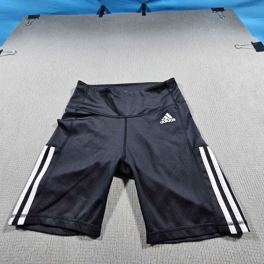 black Adidas 3-Stripes high-waisted biker shorts featuring moisture-absorbing...